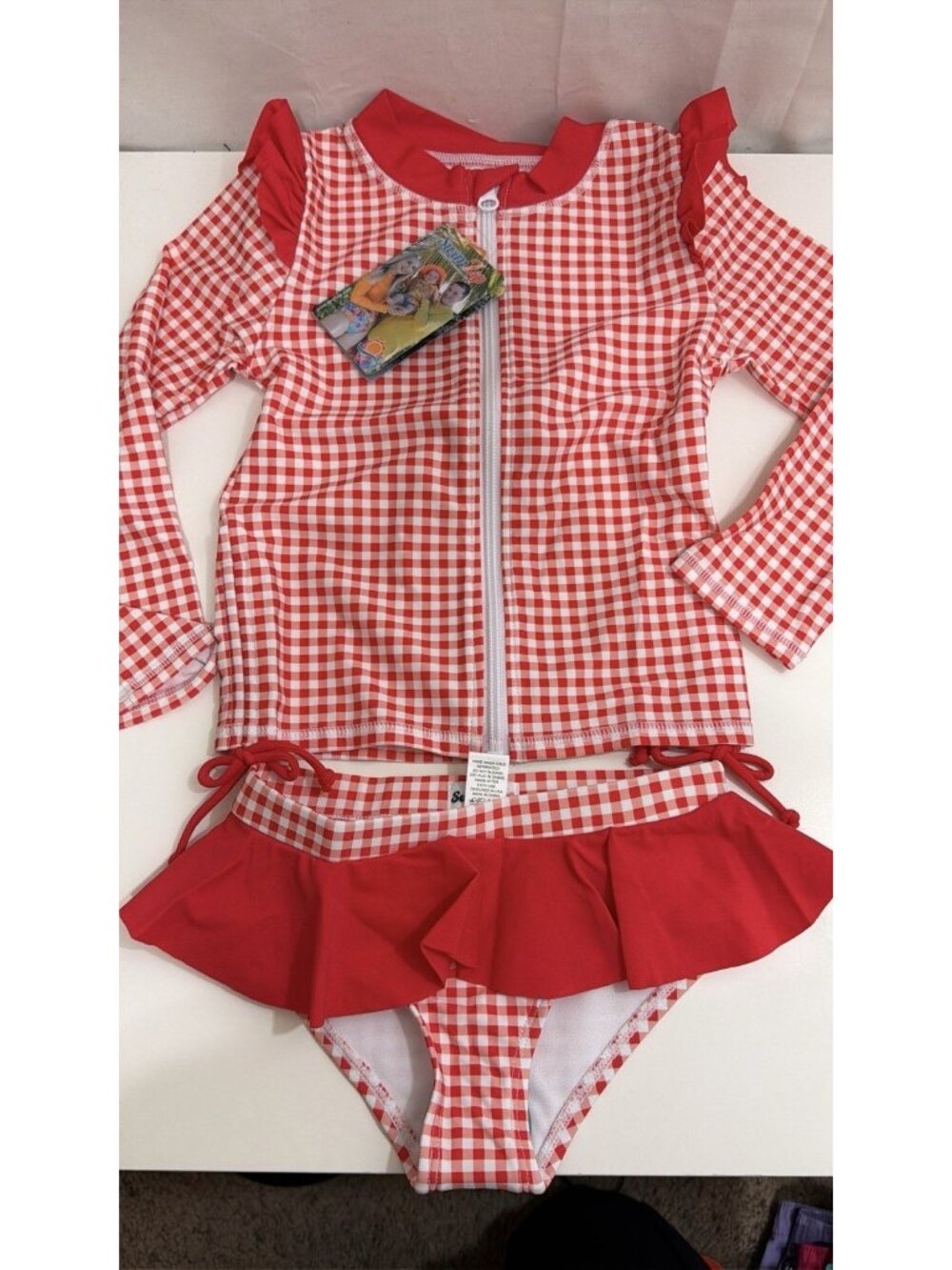 Swim Zip Girls Long Sleeve Rash Guard Ruffle Bottom Swimsuit 2-Piece Set Red 4T
